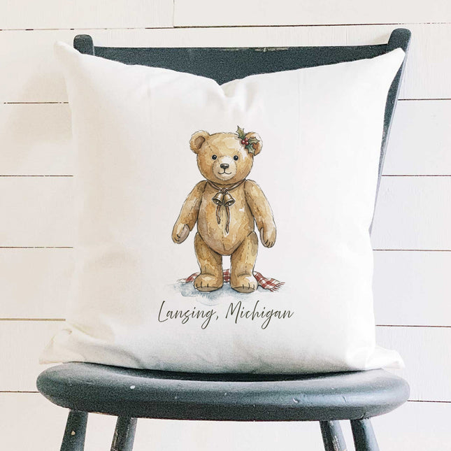 Christmas Teddy Bear Watercolor - Custom Square Canvas Pillow