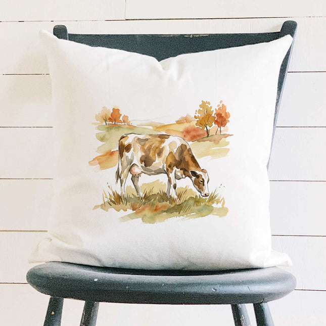 Cow in Autumn Field - Square Canvas Pillow