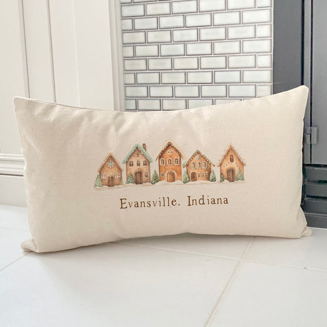 Gingerbread Houses w/ City, State - Custom Rectangular Canvas Pillow