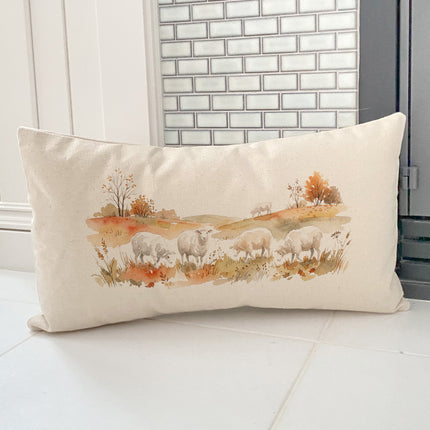 Sheep in Autumn Field - Rectangular Canvas Pillow
