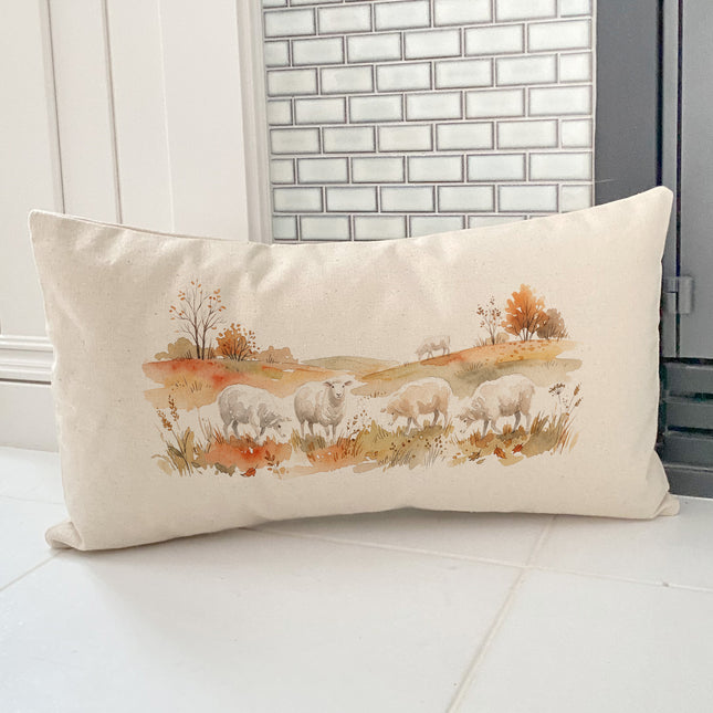 Sheep in Autumn Field - Rectangular Canvas Pillow