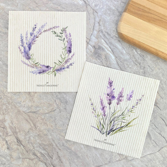 Watercolor Lavender and Lavender Wreath  - 2pk Swedish Dish Cloth