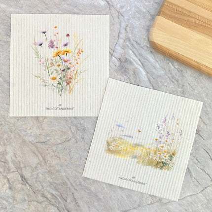 Watercolor Meadow Flowers and Field  - 2pk Swedish Dish Cloth