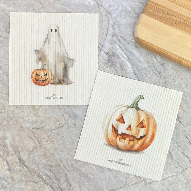 Watercolor Ghost, Pumpkins  - 2pk Swedish Dish Cloth