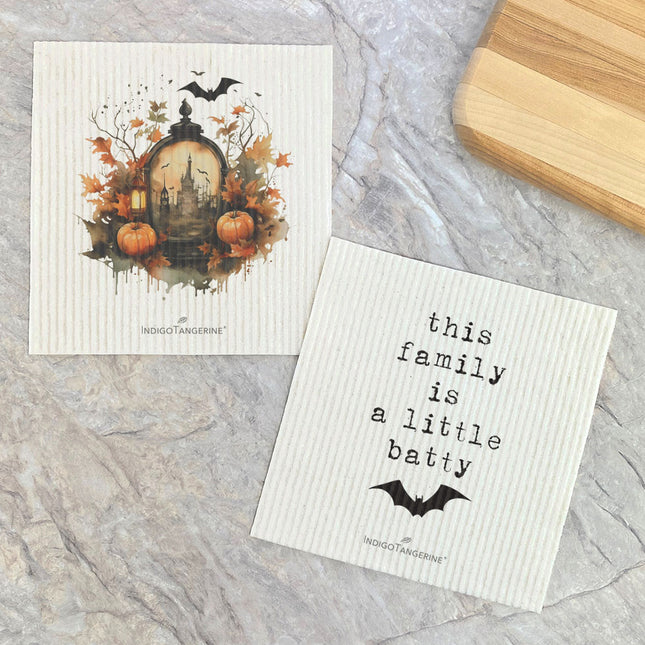 Haunted House Scene, Batty Family - 2pk Swedish Dish Cloth