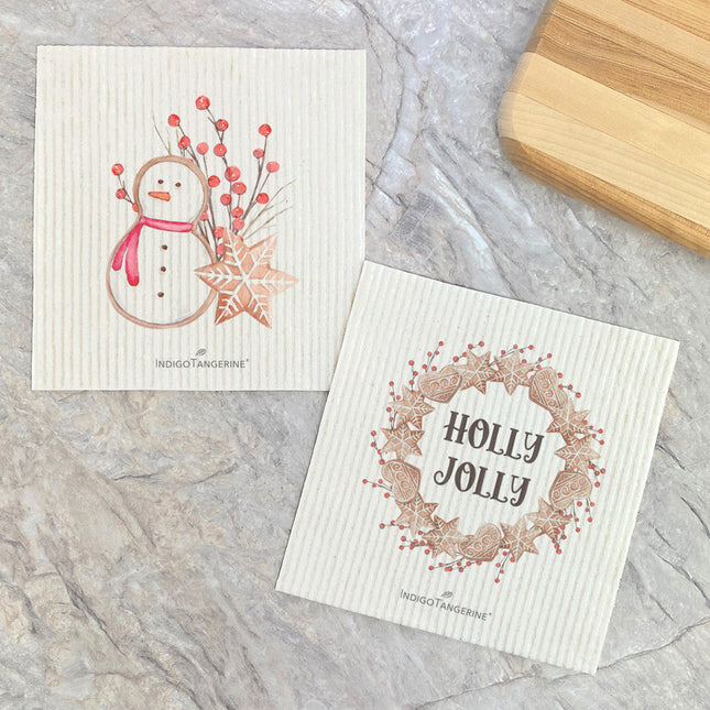 Gingerbread Wreath, Snowman - 2pk Swedish Dish Cloth