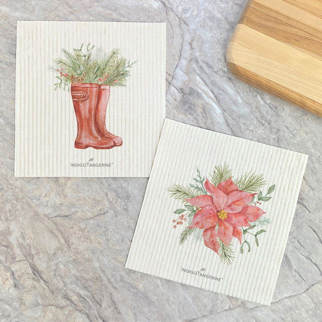 Poinsettia Flower, Winter Boots - 2pk Swedish Dish Cloth