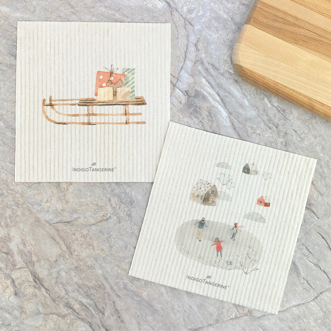 Watercolor Skating Sled - 2pk Swedish Dish Cloth