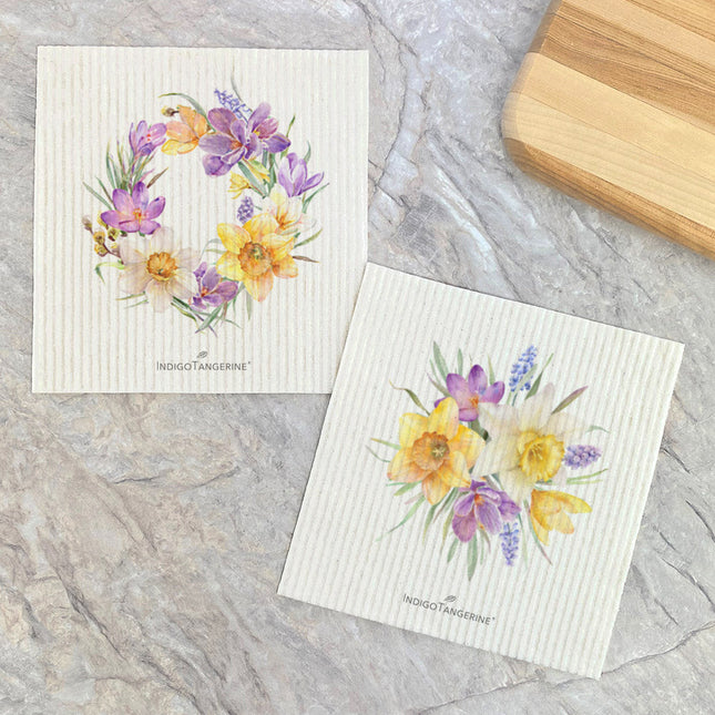 Set of Crocus Wreath & Floral Bunch - Spring 2pk Swedish Dish Cloth
