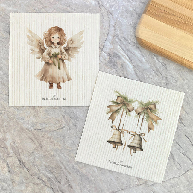 Simple Angel and Bells - 2pk Swedish Dish Cloth