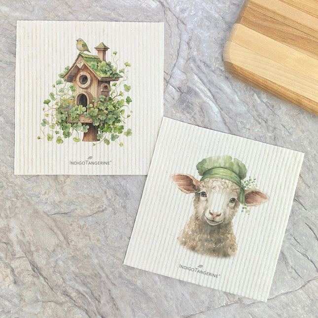 Lamb with Green Hat - St. Patrick's Day 2pk Swedish Dish Cloth