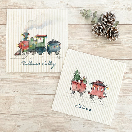 Watercolor Christmas Train - Custom 2pk Swedish Dish Cloth