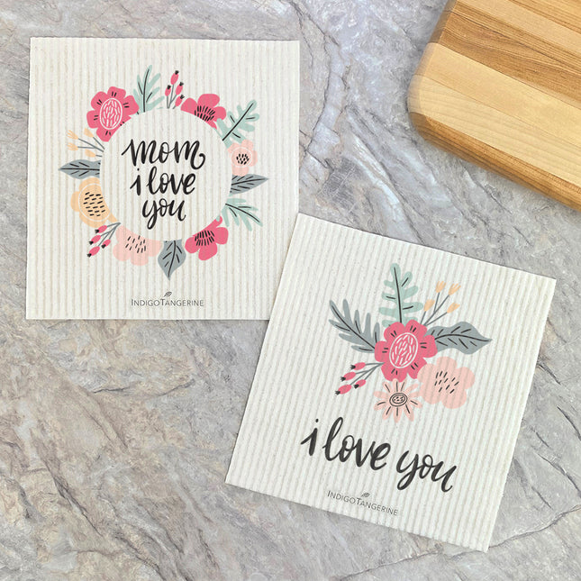 Mom I Love You, Flowers 2 pk - Swedish Dish Cloth