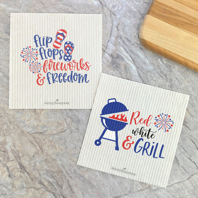 Flip Flops Freedom, Red White Grill  - 2pk Swedish Dish Cloth