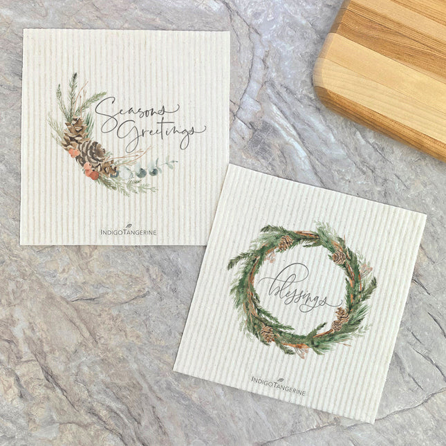 Seasons Greetings, Blessings Wreath  - 2pk Swedish Dish Cloth