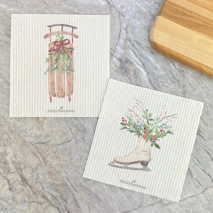 Winter Floral Ice Skate, Sled  - 2pk Swedish Dish Cloth