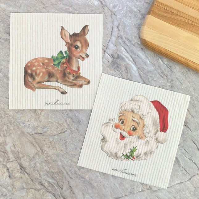 Vintage Santa, Reindeer  - 2pk Swedish Dish Cloth