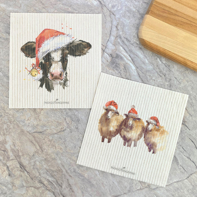 Christmas Cow, Sheep  - 2pk Swedish Dish Cloth