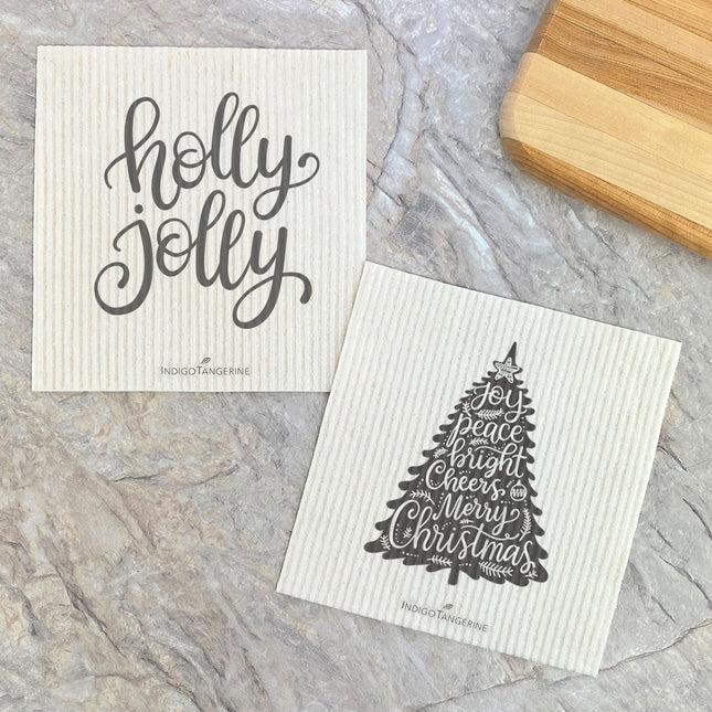 Holly Jolly, Joy Christmas Tree  - 2pk Swedish Dish Cloth
