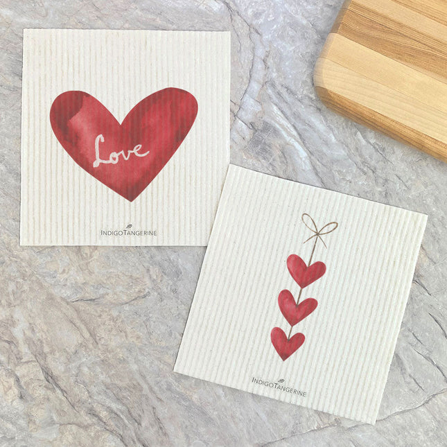 Watercolor Love Heart Red, String of Hearts  - 2pk Swedish Dish Cloth