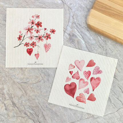 Cherry Blossom Branch, Scattered Hearts  - 2pk Swedish Dish Cloth