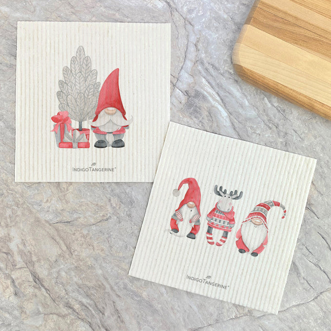 Christmas Gnomes with Moose, Tree  - 2pk Swedish Dish Cloth