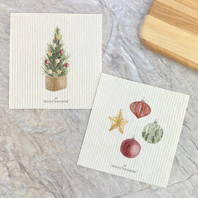 Christmas Tree Basket, Ornaments  - 2pk Swedish Dish Cloth