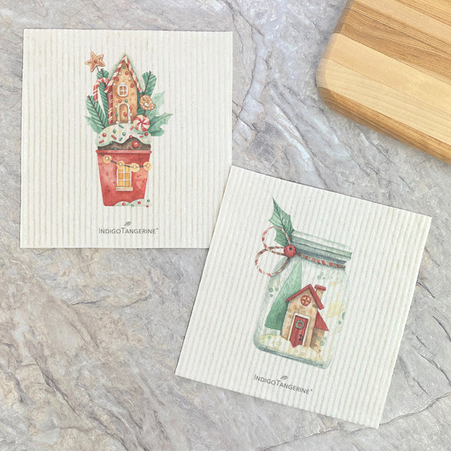 Christmas Snow Jar, Gingerbread House Cupcake  - 2pk Swedish Dish Cloth