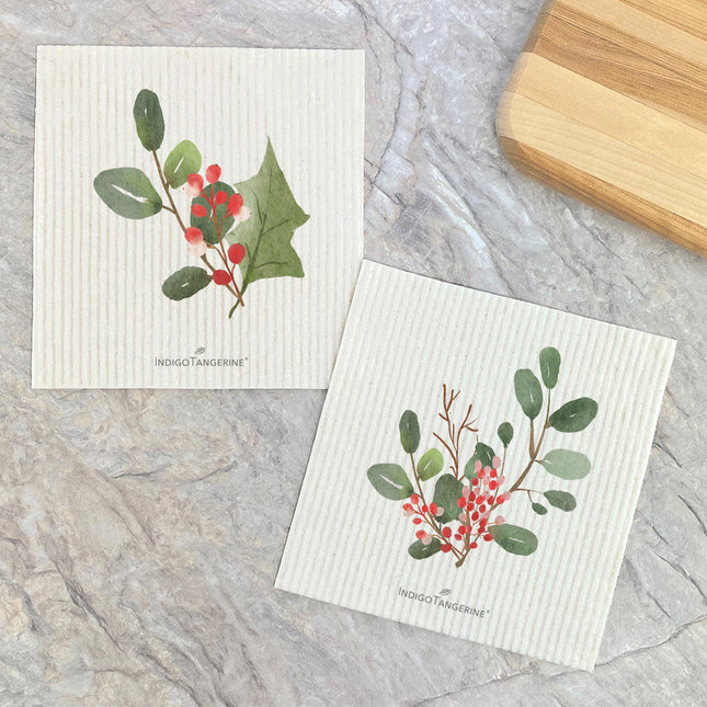 Watercolor Holly Branch, Sprig  - 2pk Swedish Dish Cloth