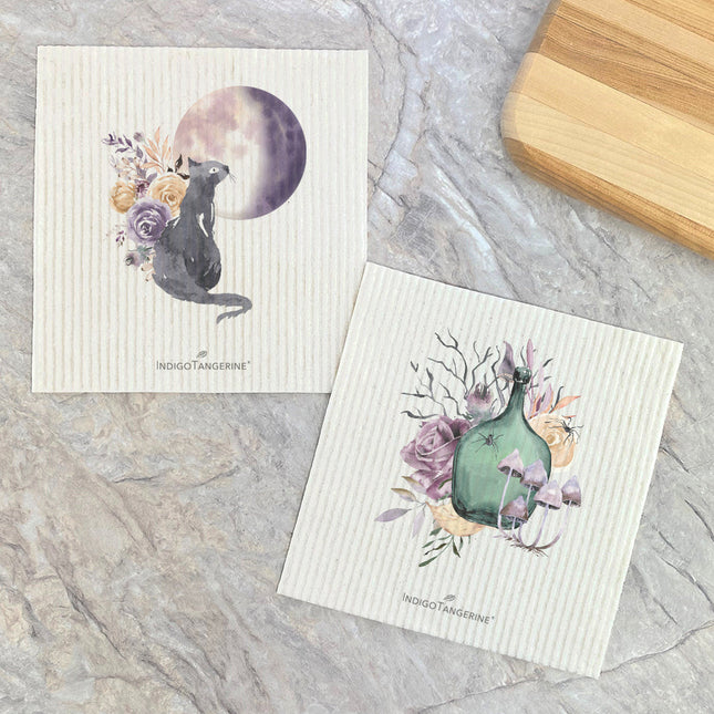 Floral Black Cat, Potion  - 2pk Swedish Dish Cloth