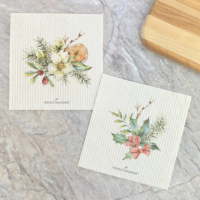 Holly Bundle, Poinsettia Orange Bouquet  - 2pk Swedish Dish Cloth