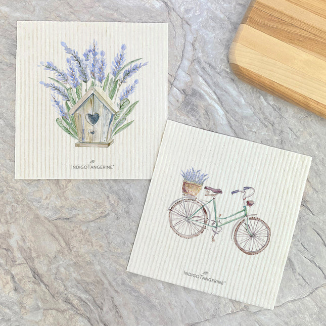 Lavender Birdhouse, Bicycle  - 2pk Swedish Dish Cloth
