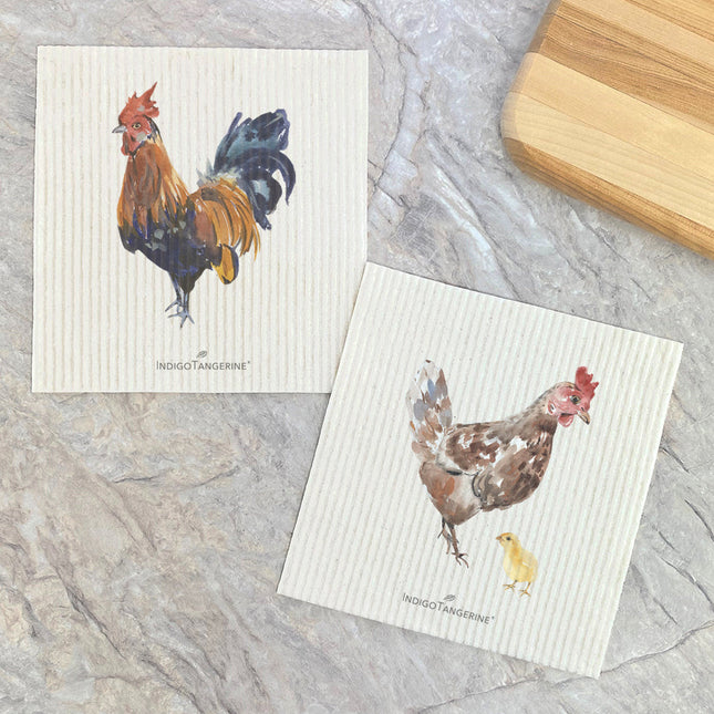 Watercolor Rooster, Hen with Chick  - 2pk Swedish Dish Cloth