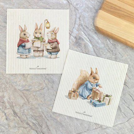 Fairytale Christmas Bunnies, Squirrel  - 2pk Swedish Dish Cloth