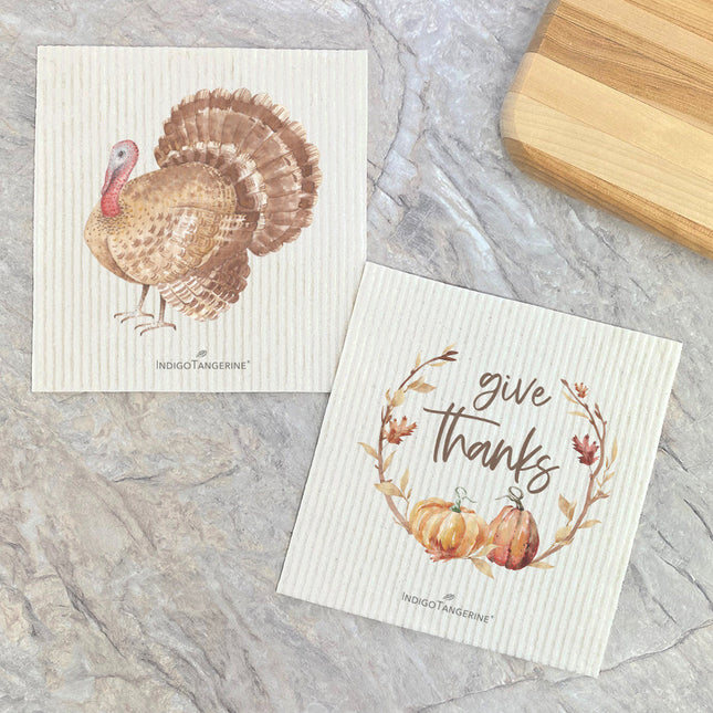 Watercolor Turkey, Give Thanks Pumpkins  - 2pk Swedish Dish Cloth