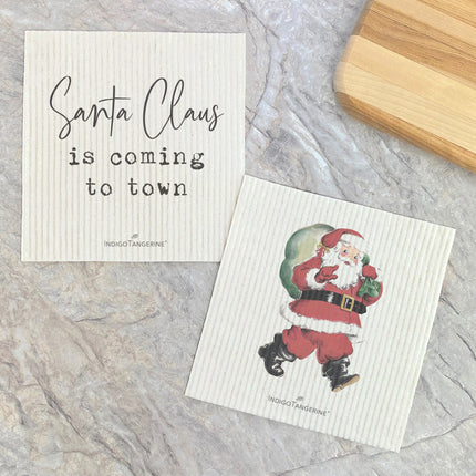 Vintage Santa, Coming to Town  - 2pk Swedish Dish Cloth