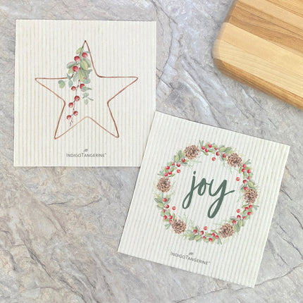 Christmas Star, Joy Wreath  - 2pk Swedish Dish Cloth