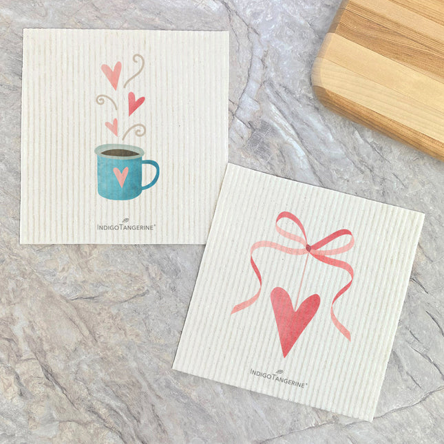 Valentine's Coffee, Ribbon Heart  - 2pk Swedish Dish Cloth