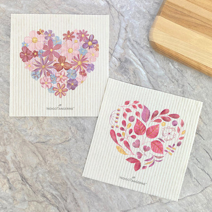 Floral Heart, Leaf Heart  - 2pk Swedish Dish Cloth