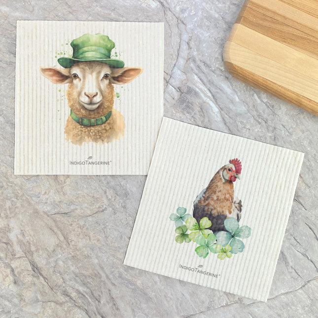 St. Patrick's Lamb, Chicken with Clovers  - 2pk Swedish Dish Cloth