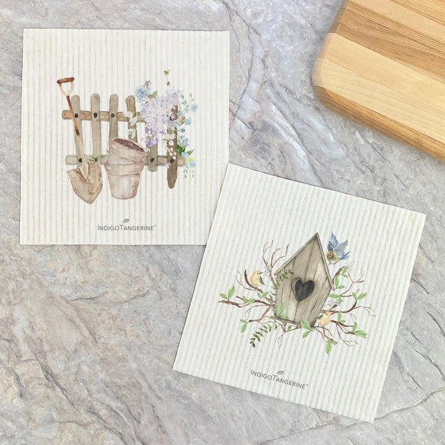 Spring Planting, Budding Birdhouse  - 2pk Swedish Dish Cloth
