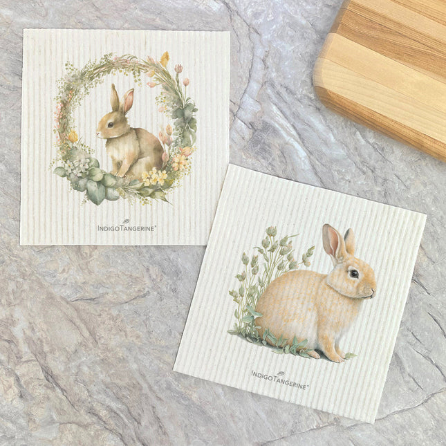 Watercolor Rabbit Wreath, In Grass  - 2pk Swedish Dish Cloth