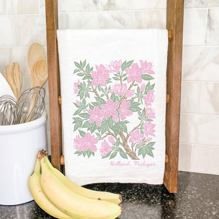 Pink Azaleas Linocut - Custom Cotton Tea Towel