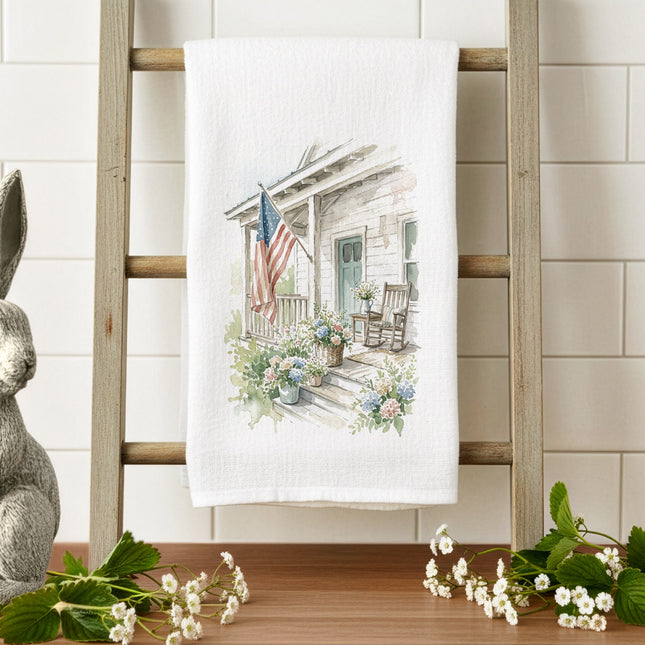 Patriotic Porch Watercolor - Cotton Tea Towel