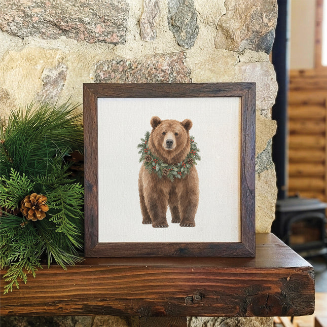 Bear with Holiday Wreath - Framed Sign