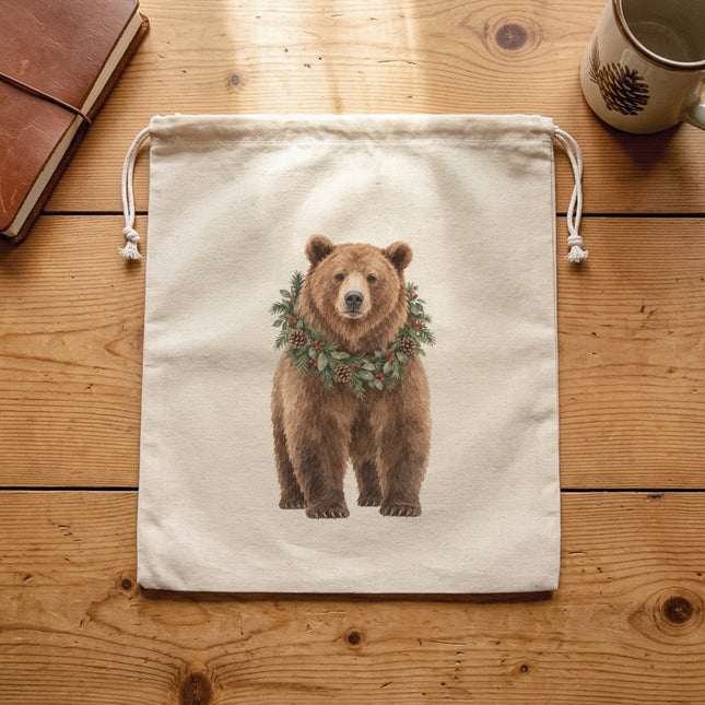 Bear with Holiday Wreath - Cotton Cinch Bag