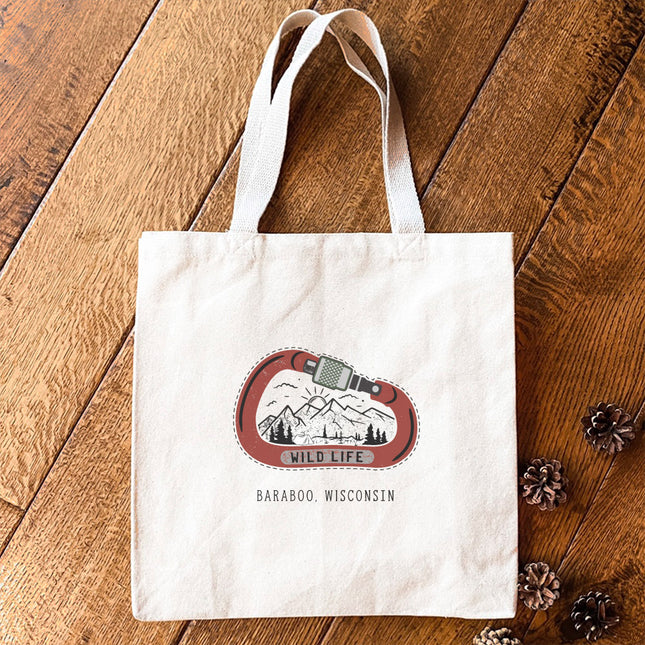 Wild Life Carabiner w/ City, State - Custom Canvas Tote Bag