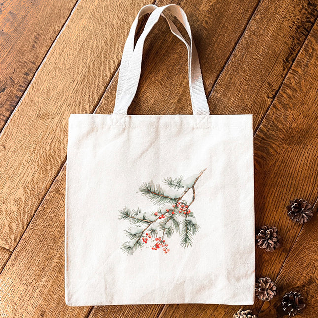 Rustic Frosted Pine and Berry - Customizable Canvas Tote Bag