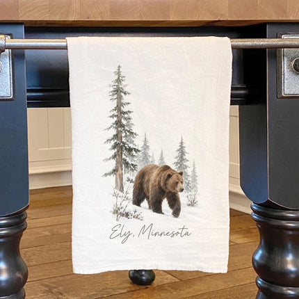 Bear in Winter Forest - Custom Cotton Tea Towel