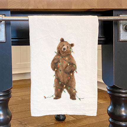 Bear with Christmas Lights - Cotton Tea Towel